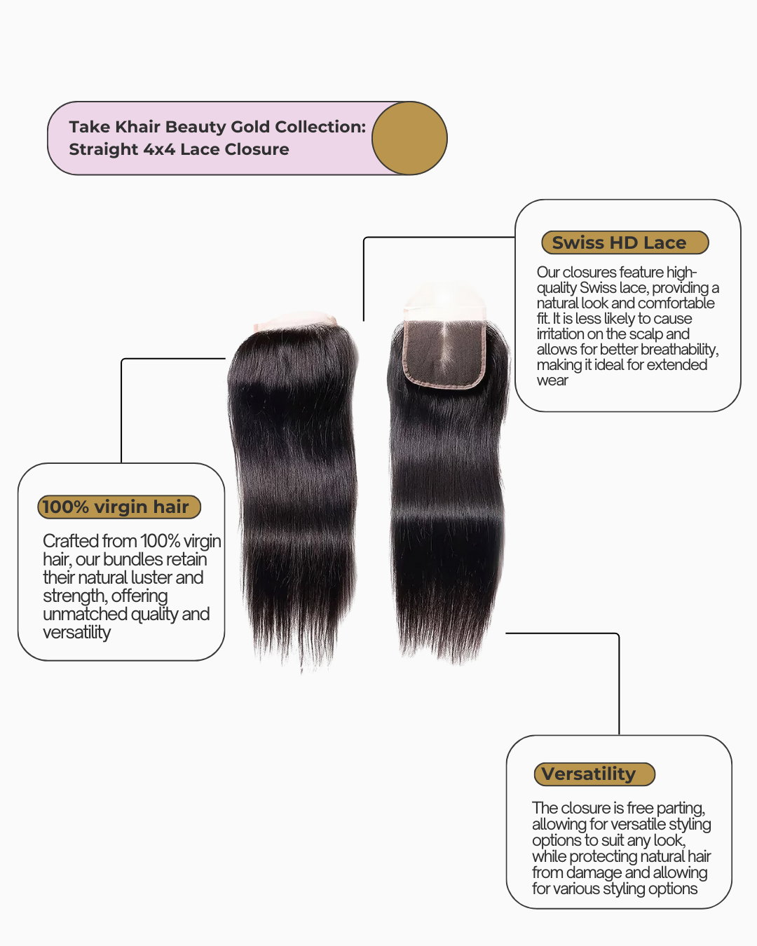 Take Khair Beauty Gold Collection 100% Human Hair 4x4 Lace Closure - Straight